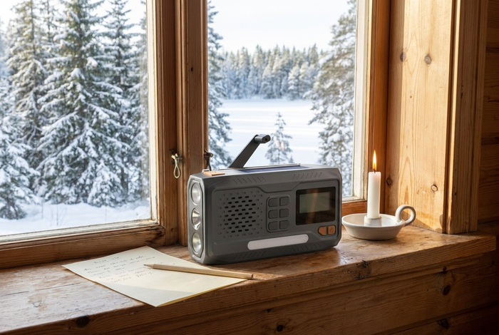 Opvindingsradio med udfoldet håndvinde på en vindueskarm i en hytte, med solcellen vendt mod dagslys og snedækket skov udenfor