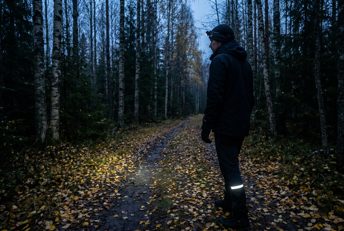 Person med pannlampa og refleksbånd går på en skovsti i blå skumring en sen oktoberaftens