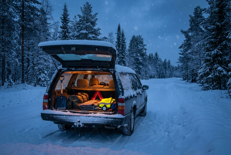 Åpent bagasjerom på en snødekt bil ved en skogsvei i vinterskumring, med spade, teppe, refleksvest, advarselstrekant og en veske med vinterutstyr