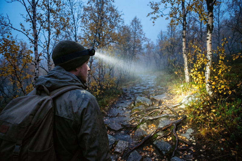 Vandrer med Terräng Duo-pannlampe på en sti gjennom fjellbjørkskog i skumringen