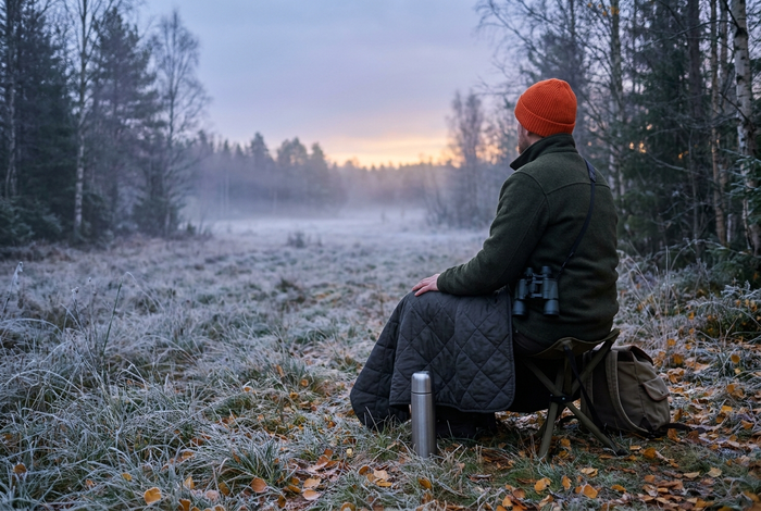 Jæger i signalfarvet hue sidder på en sammenklappelig stol ved kanten af en grangrandskov i skumringen med et tæppe over benene og en termoflaske ved siden af sig