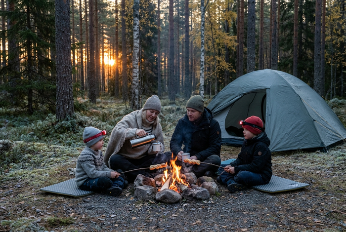 Familie med to børn i pandlamper med rødt lys sidder ved et lille bål foran et grå telt i efterårsskoven i skumringen