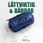 Pakket sovepose med gåsedun i blå kompressionspose med Norrfjällen-logo, infografik med pakmål og vægten 863 g