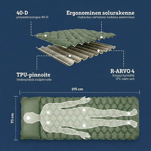 Infografikkillustrasjon av Ilmapatja PRO: lag av 40D-polyester og TPU, R-verdi 4 og mål 195 x 70 cm
