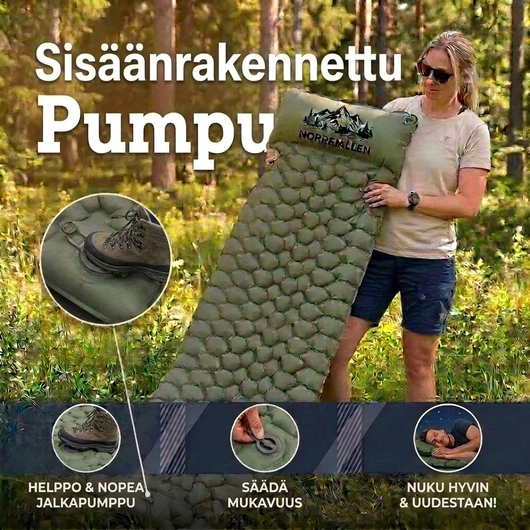 Kvinne i skogen holder grønn Ilmapatja PRO, nærbilde av fotpumpe, ventil og sovende person