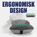 Grafik med teksten Ergonomisk design: campingpuden under et hoved med markeret støtte til nakke og halshvirvler