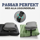 Campingpuden fastgjort med rem og spænde på et sort og et grønt liggeunderlag, nærbillede af spændet