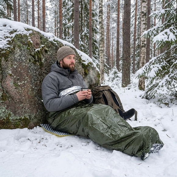 Mann i grønn nødsovepose sitter på et underlag i snøen mot en stor stein i furuskogen med en varm kopp