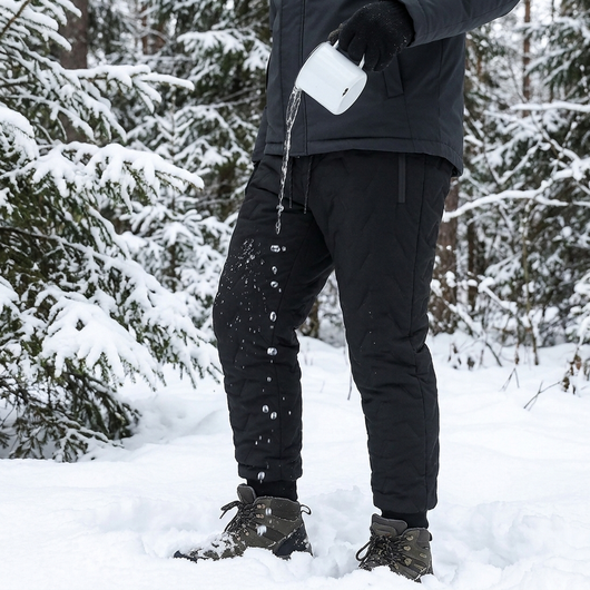 Vann helles fra en emaljekopp på sorte vinterbukser og perler seg og renner av stoffet i snøen