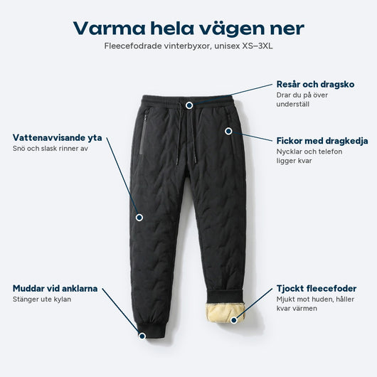 Fleecefodrede vinterbukser med fleeceforing, vandafvisende overflade og markerede lommer