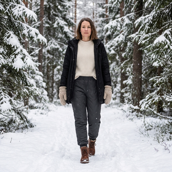 Kvinne i grå vinterbukser og strikkegenser går på en snødekt sti gjennom granskog