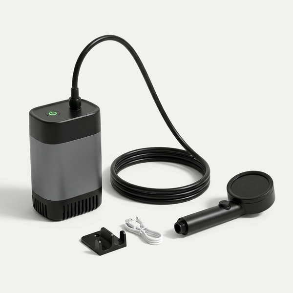 Bærbar udendørs bruser med pumpe, slange, håndbruser, holder og USB-kabel på lys baggrund