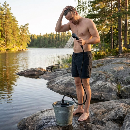 Mies suihkuaa kallion päällä metsäjärven rannalla, pumppu upotettu sinkkiämpäriin