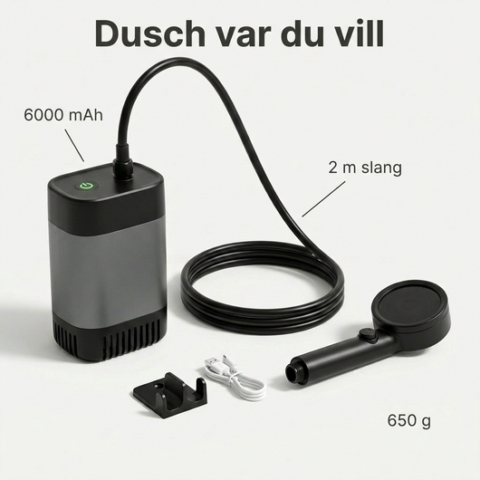 Udendørs bruser med tekst 6000 mAh, 2 m slange og 650 g