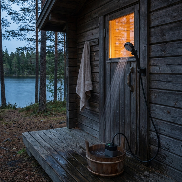 Käsisuihku pidikkeessä saunan seinällä järven rannalla, pumppu on puisessa ämpärissä