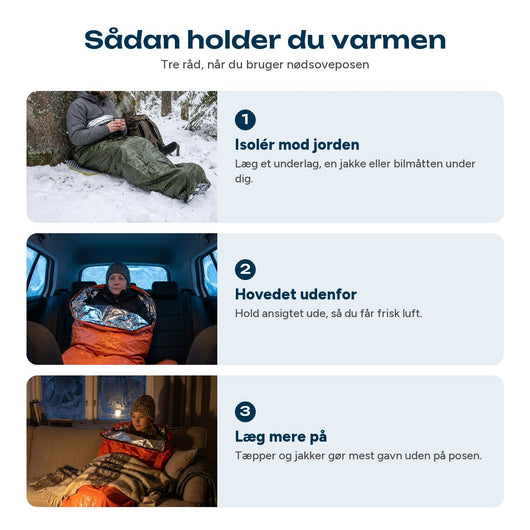 Tre råd for at holde varmen i nødssoveposens: isoler mod jorden, hovedet udenfor og læg på mere