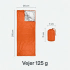 Størrelsebillede: nødssoveposens størrelse er 210 × 90 cm, etui 7 × 11 cm og alt vejer 125 g