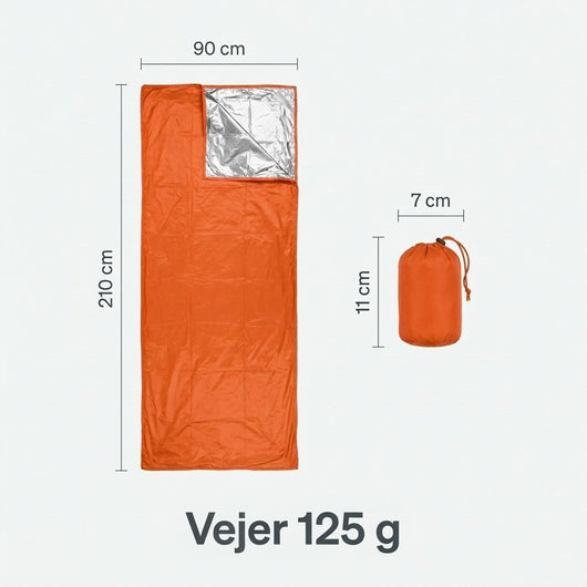 Størrelsebillede: nødssoveposens størrelse er 210 × 90 cm, etui 7 × 11 cm og alt vejer 125 g