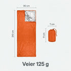 Størrelsessammenligning: nødsovsekken er 210 × 90 cm, etui 7 × 11 cm og alt veier 125 g