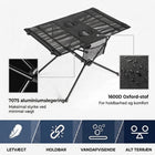 Infografik: campingbordets ramme i 7075-aluminiumslegering og bordplade i 1600D Oxford-stof, let og vandbestandig