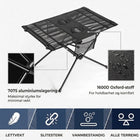 Infografikk: campingbordets ramme i 7075-aluminiumslegering og bordplate i 1600D Oxford-stoff, lett og vannbestandig