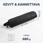Infografiikka: retkipöytä kokoon taitettuna mustassa kahvallisessa kantopussissa, pakkausmitat 40 x 9 cm ja paino 680 g