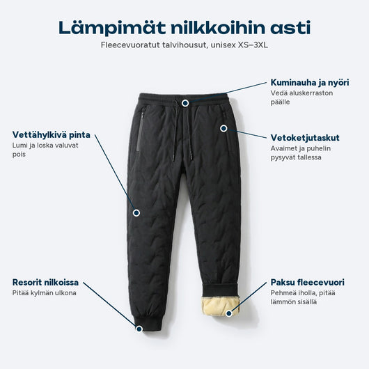 Fleecevuoritetut talvihousut, joissa fleecevuori, vedenhylkivä pinta ja merkityt taskut