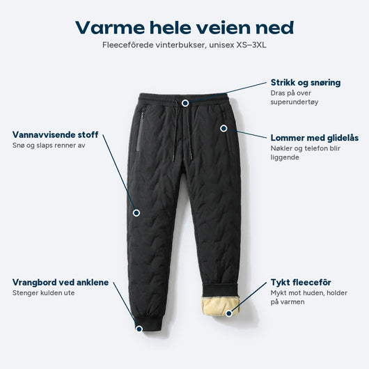 Fleecefôrede vinterbukser med fleecefôr, vannavvisende overflate og markerte lommer