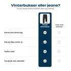Sammenligning av fleecefôrede vinterbukser og vanlige jeans i kulde
