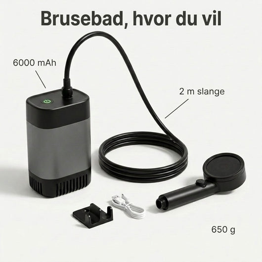 Udendørs bruser med tekst 6000 mAh, 2 m slange og 650 g