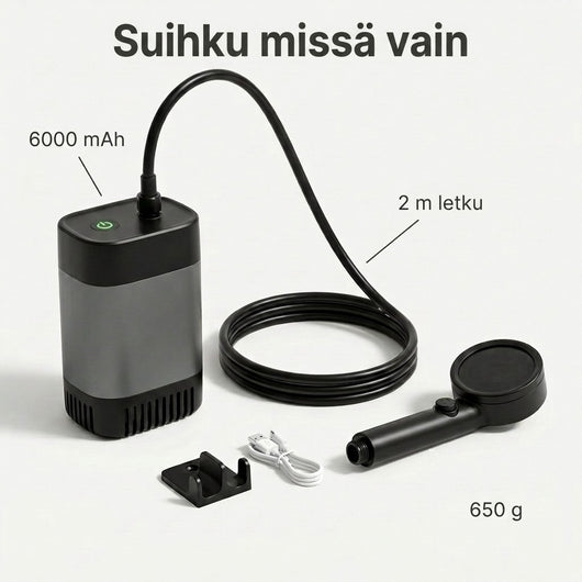 Ulkosuihku tekstillä 6000 mAh, 2 m letku ja 650 g