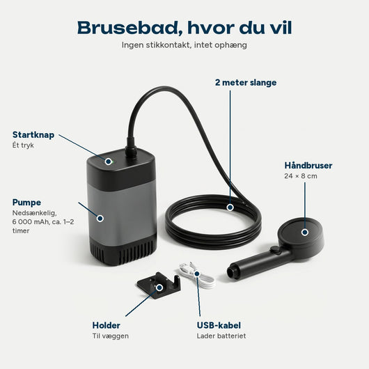 Bærbar udendørs bruser med startknap, pumpe, 2 meter slange, håndbruser, holder og USB-kabel - fremragende