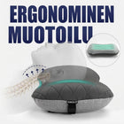 Grafiikka, jossa teksti Ergonominen muotoilu: retkityyny pään alla, niskan ja kaularangan tuki merkittynä