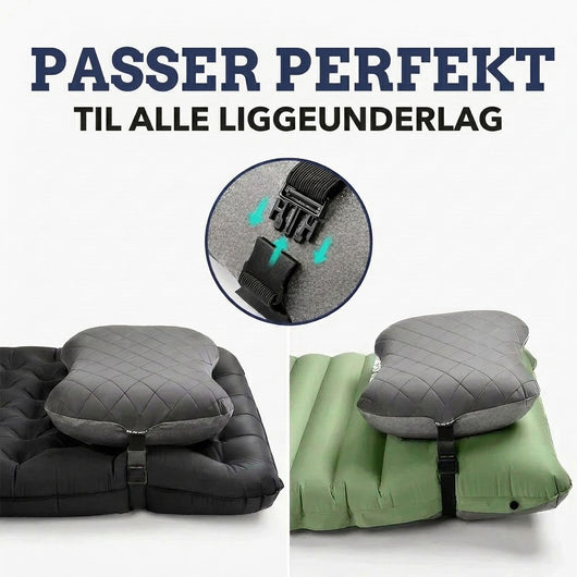 Campingpuden fastgjort med rem og spænde på et sort og et grønt liggeunderlag, nærbillede af spændet