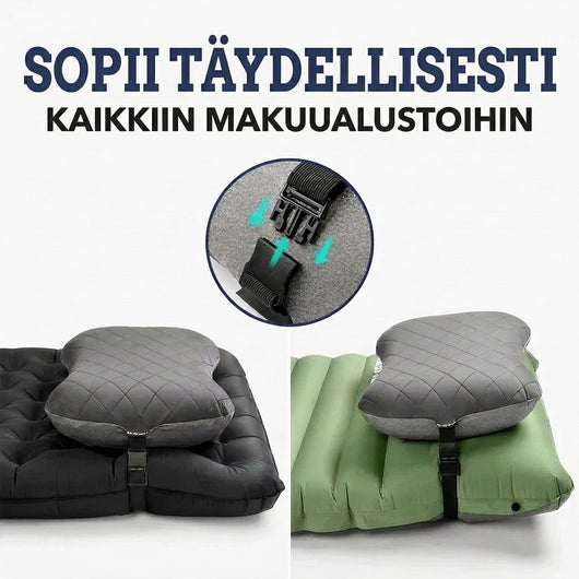 Retkityyny kiinnitettynä hihnalla ja soljella mustaan ja vihreään makuualustaan, lähikuva soljesta