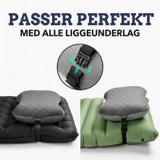 Campingputen festet med stropp og spenne på et svart og et grønt liggeunderlag, nærbilde av spennen