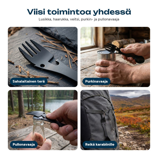 Monivaiheinen hammastettu terä, säilykkeiden avaja, pullojen avaja ja karabiinikoukkurei'lle tarkoitettu reikä