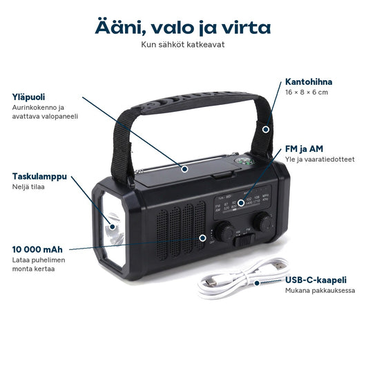 Hätäradio 10 000 mAh taskulampulla, aurinkopaneelilla, FM/AM-asteikolla, kantohihnalla ja USB-C-kaapelilla varustettu