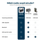 Vertailu kolmesta radiostamme: powerbank, DAB+, Bluetooth, AAA-paristot ja SOS-hälytys