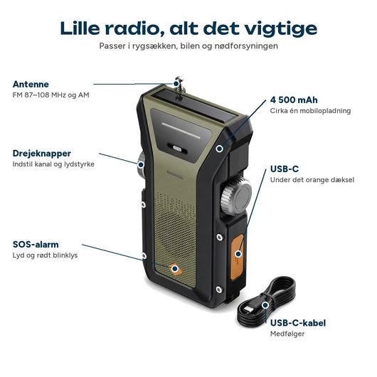Kompakt håndsveveradio med antenne, sidehjul, SOS-knap, USB-C-dæksel og kabel inkluderet