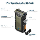 Kompakti käsivivulla varustettu radio antennilla, sivupyörinä, SOS-painikkeella, USB-C-luukulla ja kaapelilla merkitty