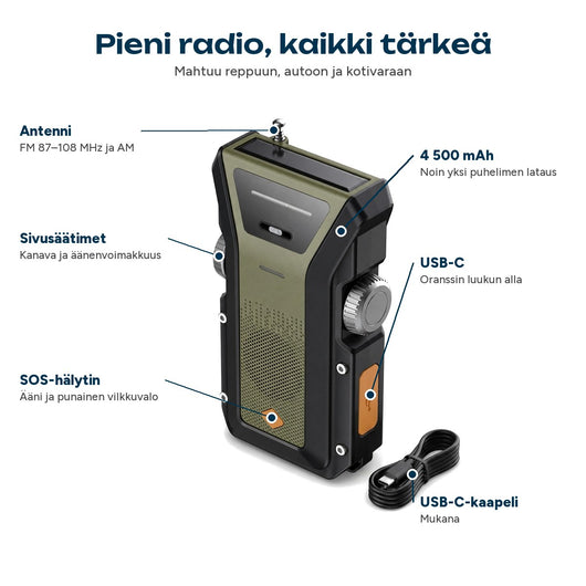 Kompakti käsivivulla varustettu radio antennilla, sivupyörinä, SOS-painikkeella, USB-C-luukulla ja kaapelilla merkitty