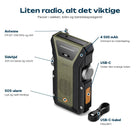 Kompakt vevradio med antenne, sideknapper, SOS-knapp, USB-C-luke og kabel inkludert