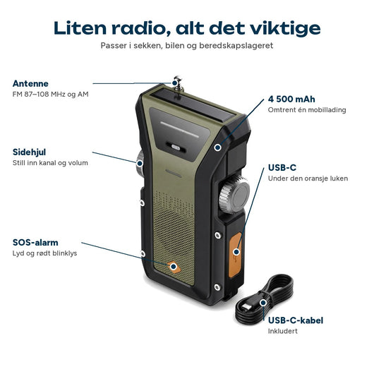 Kompakt vevradio med antenne, sideknapper, SOS-knapp, USB-C-luke og kabel inkludert