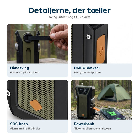 Nærbilleder af håndkurbelens håndtag på nødradioer, USB-C-dæksel, SOS-knap og mobilopladning