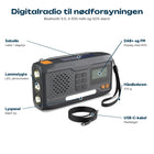 DAB+ nødradio med lommelygte, solcelle, display, lyspanel, håndledsstrop og USB-C-kabel fremragende