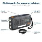 DAB+ nødradio med lommelykt, solcelle, display, lyspanel, håndleddsstropp og USB-C-kabel utmerket