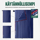 Infografiikka: kaksi yönsinistä makuupussia yhdistetään vetoketjulla parimakuupussiksi tai käytetään peittona
