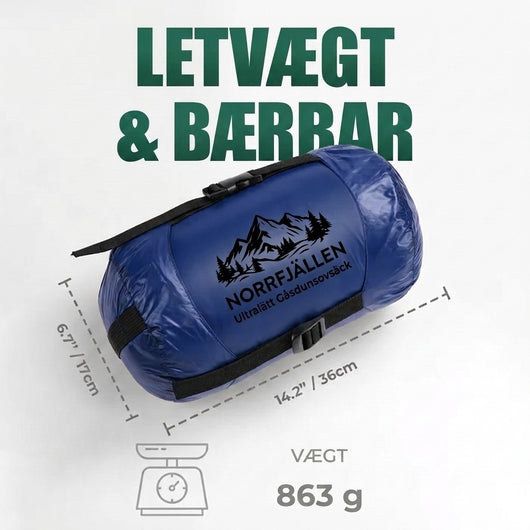 Pakket sovepose med gåsedun i blå kompressionspose med Norrfjällen-logo, infografik med pakmål og vægten 863 g
