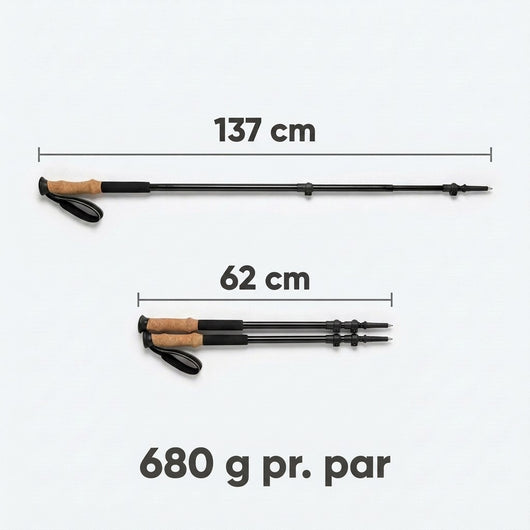 Vandrestav udtrukket til 137 cm og sammenfoldet til 62 cm, 680 g pr. par